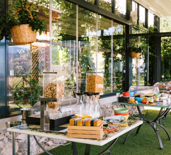 Gourmet breakfast with a wide selection of sweet and savory dishes in a bright setting
